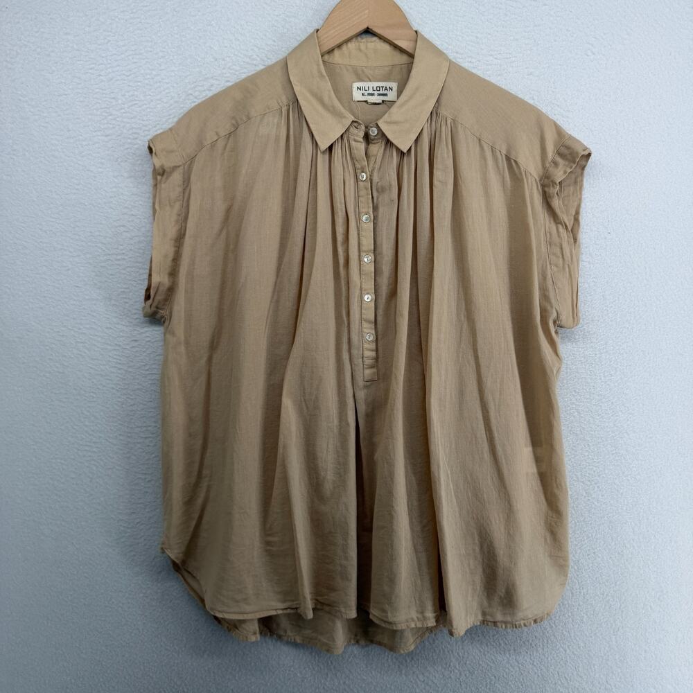 NILI LOTAN Top Womens XS Cotton Voile Blouse Popover Oversized Cotton Brown